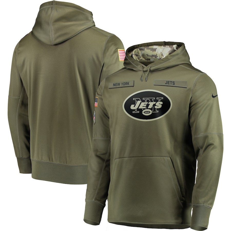 Men's New York Jets 2018 Olive Salute to Service Sideline Therma Performance Pullover Stitched NFL Hoodie